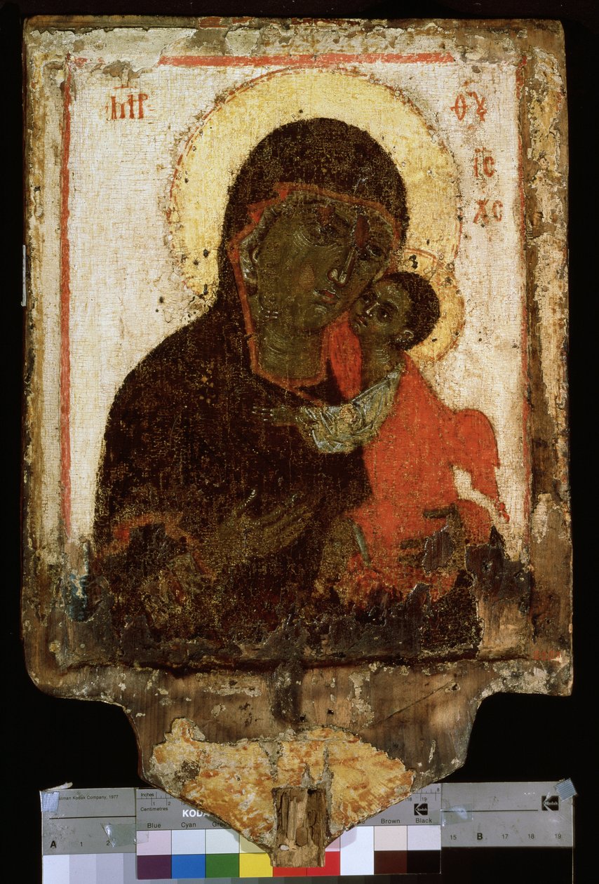 ""Our Lady (Our Lady) of Tenderness"" tai ""Neitsyt Eleusa (Eleousa)"" venäläinen kuvake. Maalausta puulle 1300-luvun lopulta 1400-luvun alusta. Pietarin valtion venäläinen museo tekijältä School Russian