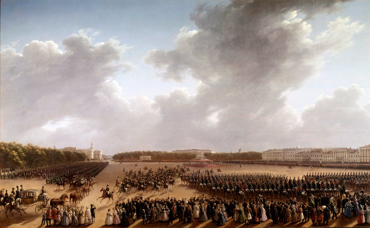 Paraati Champs de Marsilla, etualalla Aleksanteri Pushkin (Pushkin) (1799-1837) ja Nikolai I (1796-1855) hevosella imperatriisin eteen vaunuissa Pariisissa Venäläisen koulun maalaus. 1825-1830. Pietari, museo tekijältä School Russian