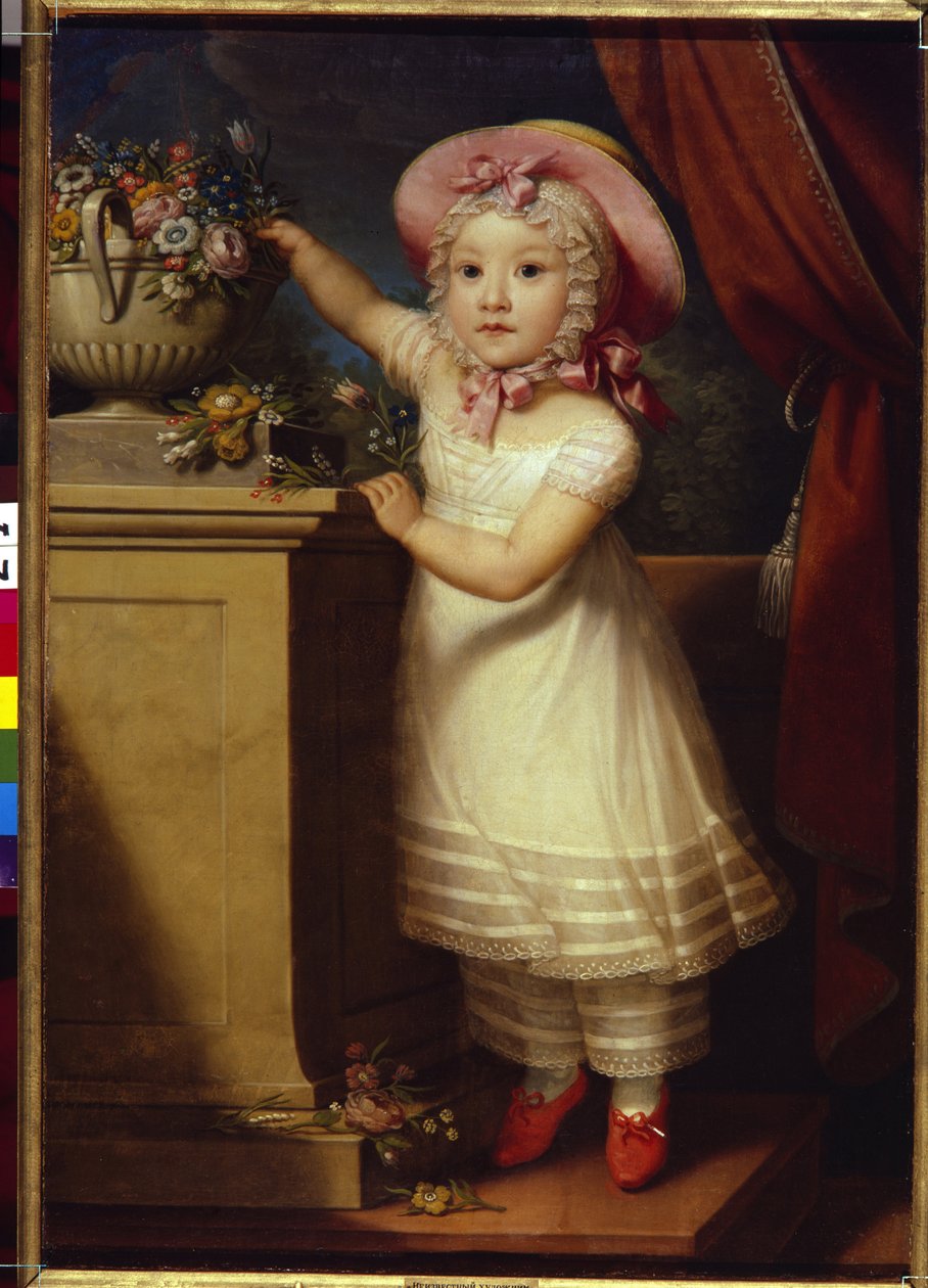 Ekaterina Dmitrievna Obreskovan (1822-1874) muotokuva. (Ekaterina Dmitrievna Obreskovan muotokuva). Pieni tyttö, tyylikäs ja arvokas, seisoo varpaillaan poimimassa kukkia kimpusta. Anonyymi maalaus, öljy kankaalle, v tekijältä School Russian