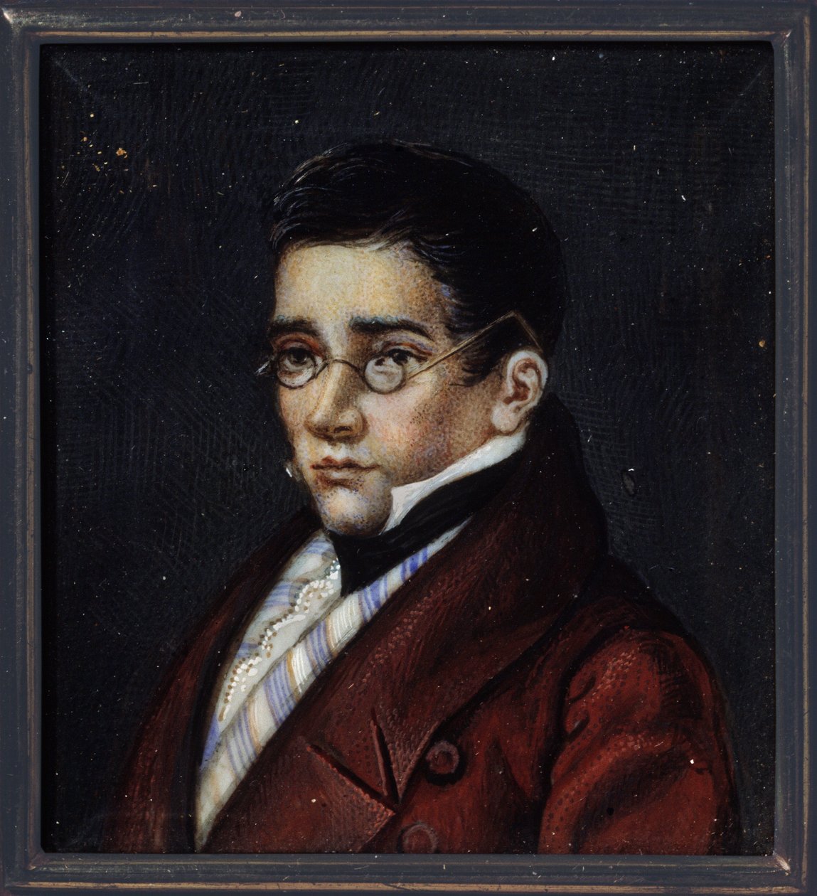 Muotokuva näytelmäkirjailija Aleksandr Sergejevitš Gribojedovista (Aleksandri S. Gribojedov) (1795-1829). Venäläisen mestarin työ, akvarelli ja guassi sarvessa, noin 1820. Venäläistä taidetta tekijältä School Russian