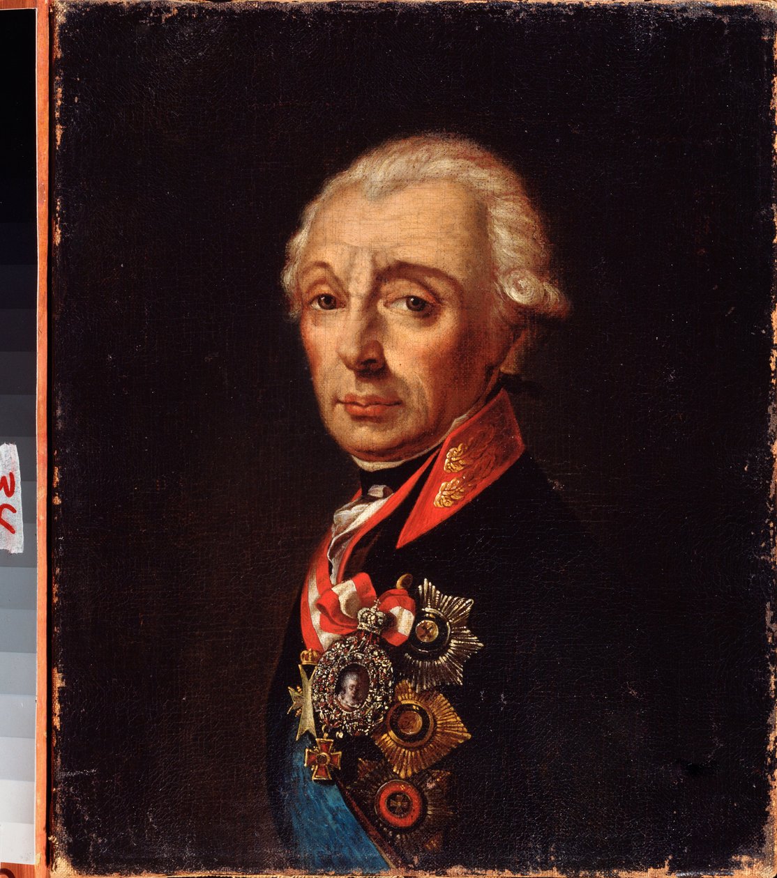Marsalkka Generalissimo Prinssi Aleksandr Suvorovin (1729-1800) muotokuva. Venäläisen mestarin maalaus, öljy kankaalle, 1700-luvun loppu. Kaukoidän taidemuseo, Habarovsk (Venäjä). tekijältä School Russian