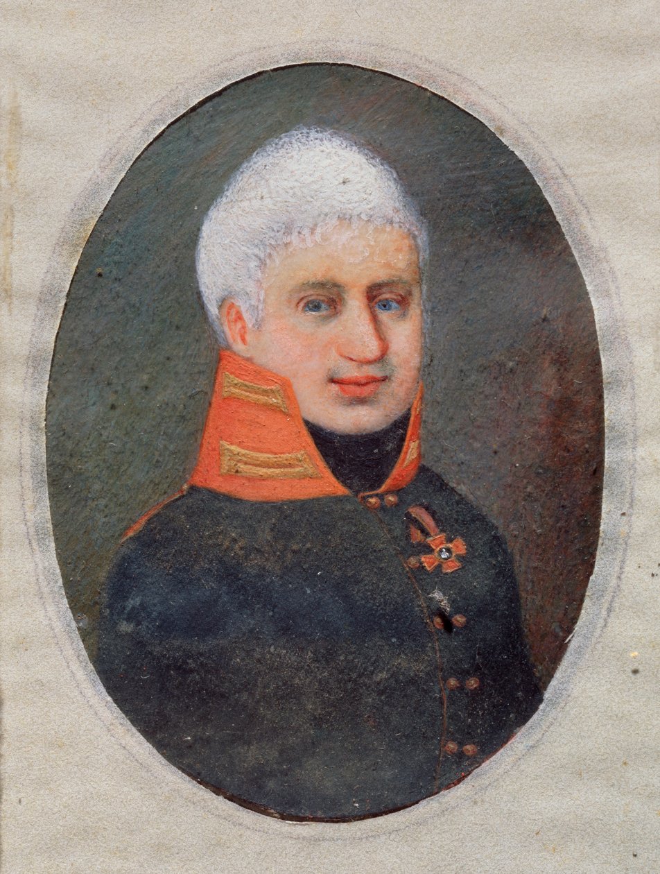 Runoilija Anton A. Delvig (Delwig) (1798-1831) muotokuva. (sotilaallisen univormussa). Venäläisen mestarin työ, akvarelli ja guassi sarvessa, n. 1800. 1800-luvun venäläistä taidetta. Valtion taidemuseo, Tula (Venäjä). tekijältä School Russian
