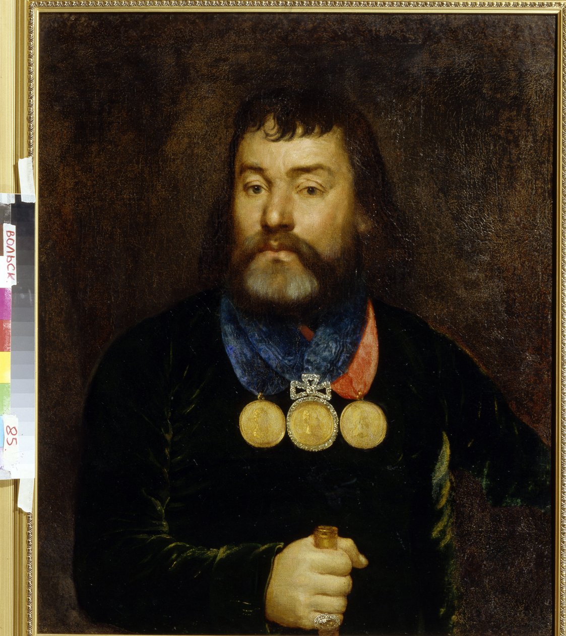 Runoilija Constantin Zlobinin (1777-1813) muotokuva. Ylpeänä kolme kulta- ja timanttimitalia kaulassaan. Nimetön maalaus, öljy kankaalle, 1800-luvun alku. venäläistä taidetta tekijältä School Russian
