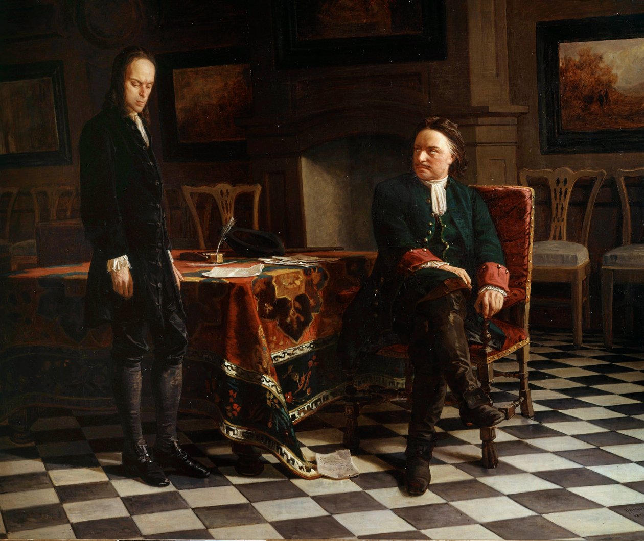 Pietari I Suuren (1672-1725), Venäjän tsaarin ja hänen poikansa Aleksiksen (1690-1718) muotokuva Venäläisen koulun maalaus tekijältä School Russian