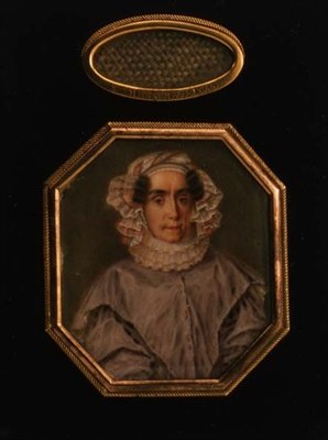 Muotokuva Praskovja Mikhailovna Tolstayasta (1777-1844), hiusristikko, n. 1844 (akvarelli ja guassi) tekijältä School Russian