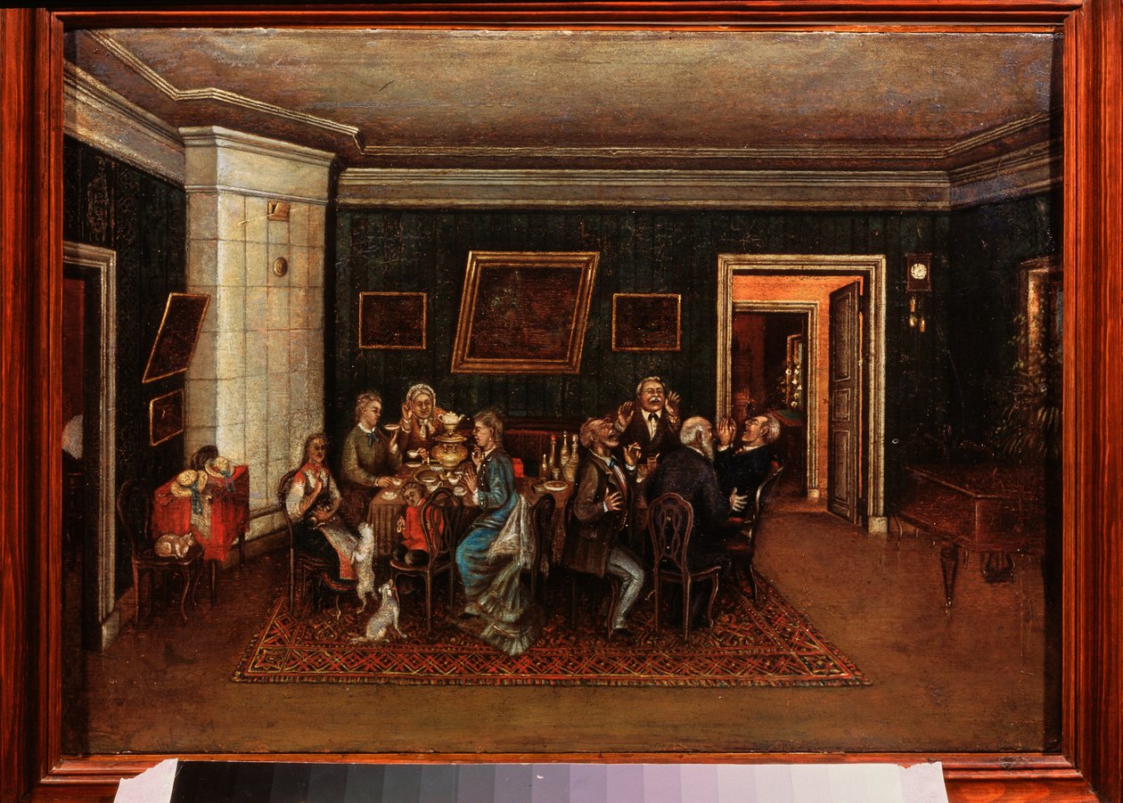 Iltavastaanotto. (Arkielämän kohtaus, perhe ja ystävät ovat kokoontuneet ruokapöydän ympärille). Venäläisen mestarin maalaus, öljy kankaalle, 1800-luvun puoliväli. Valtion kirjallisuuden keskusmuseo, Moskova. tekijältä School Russian