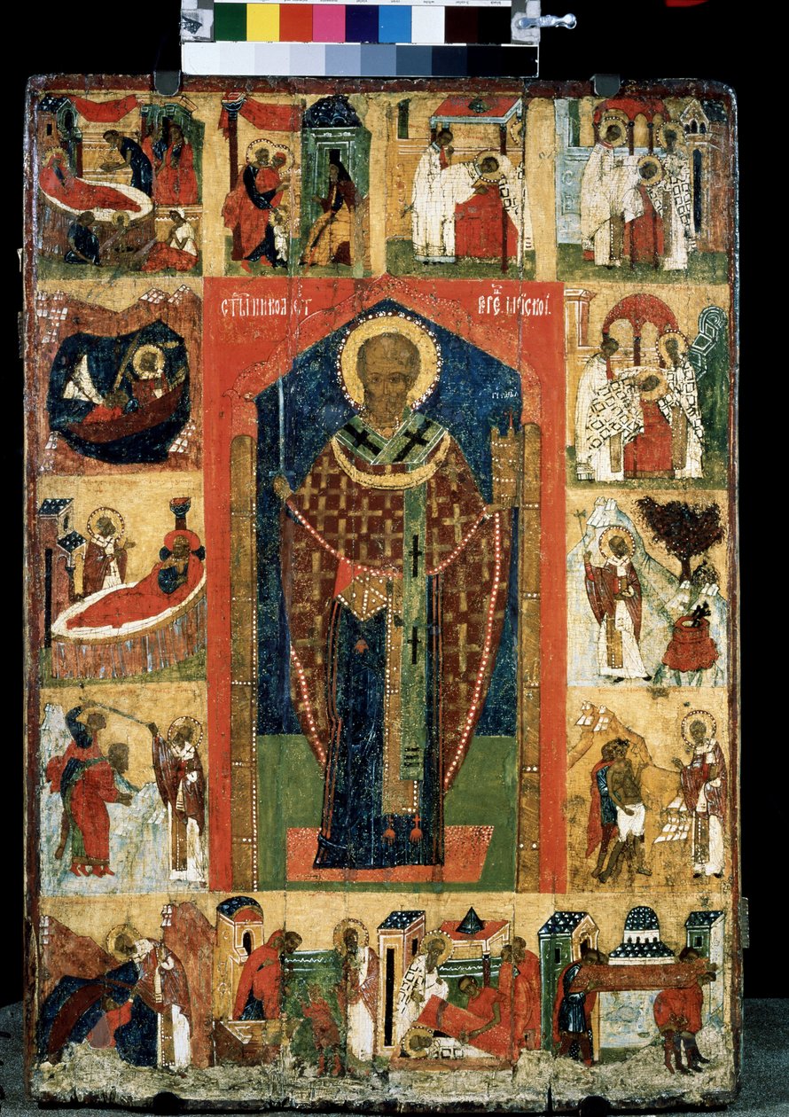 Alttaritaulu Pyhän Nikolauksen Myren tai Barilaisen elämästä (270-345). Venäjän ikoni. Maalausta puulle 1400-luvun lopulta. Valtion Tretjakovin galleria, Moskova tekijältä School Russian