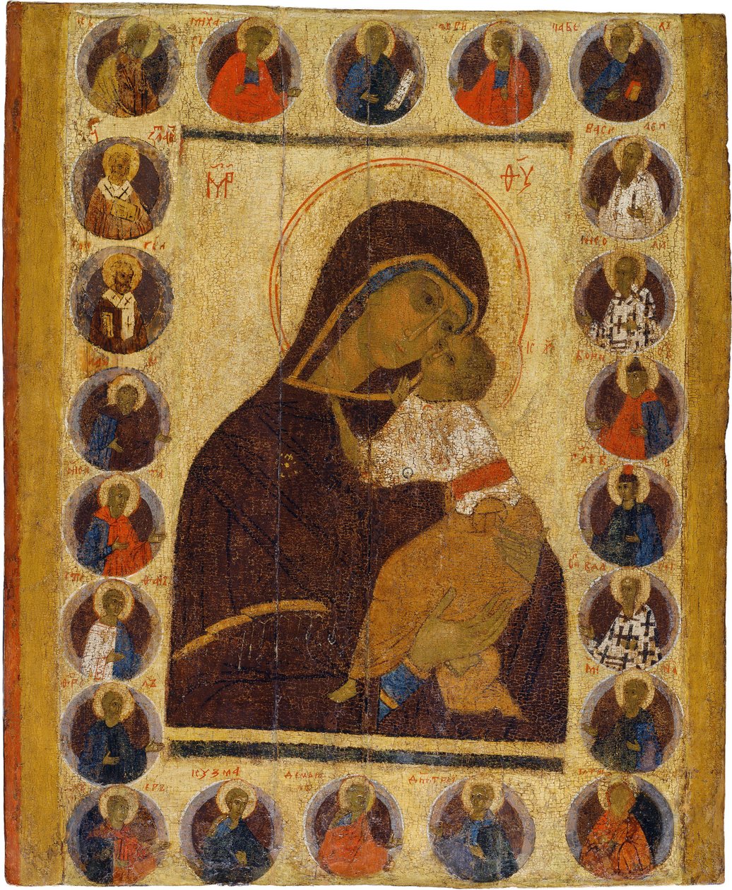 Venäläinen ikoni : Our Lady of Helness ja valittujen pyhien kanssa. Tempera paneelissa, 1400-luvun toinen puolisko, Historian ja taiteen museo, Suzdal tekijältä School Russian