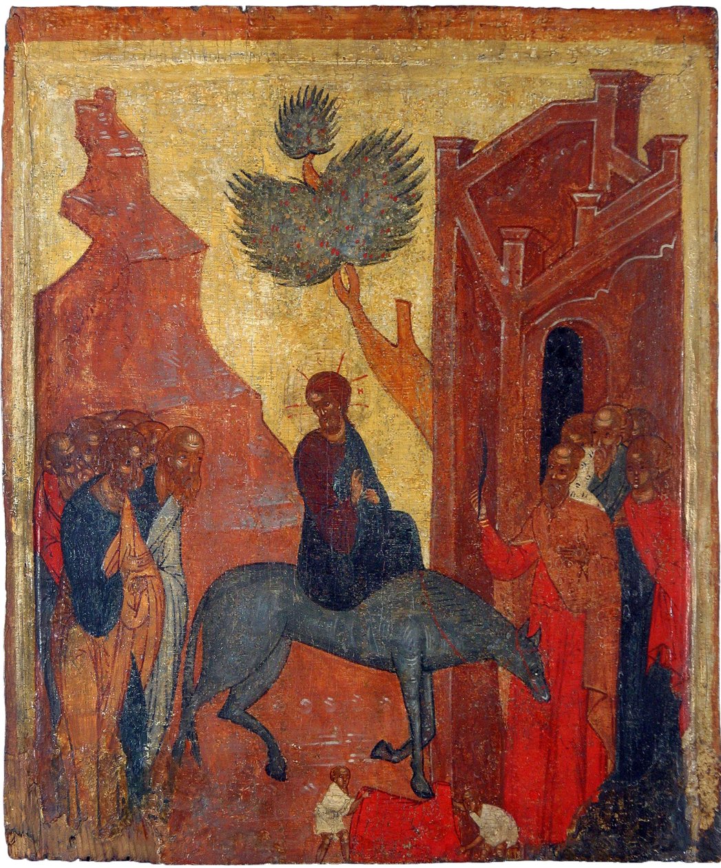 Venäläinen ikoni: Kristuksen tulo Jerusalemiin. Tempera paneelissa, 1400-luvun toinen puolisko, Historian ja taiteen museo, Suzdal tekijältä School Russian