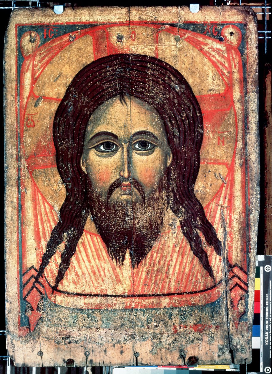 ""Saint Mandylion"" Esitys Kristuksen kasvoista painettuina verhoon (pyhät kasvot). Venäjän ikoni. Maalausta puulle 1300-luvun lopun valtion Tretjakovin galleria, Moskova tekijältä School Russian