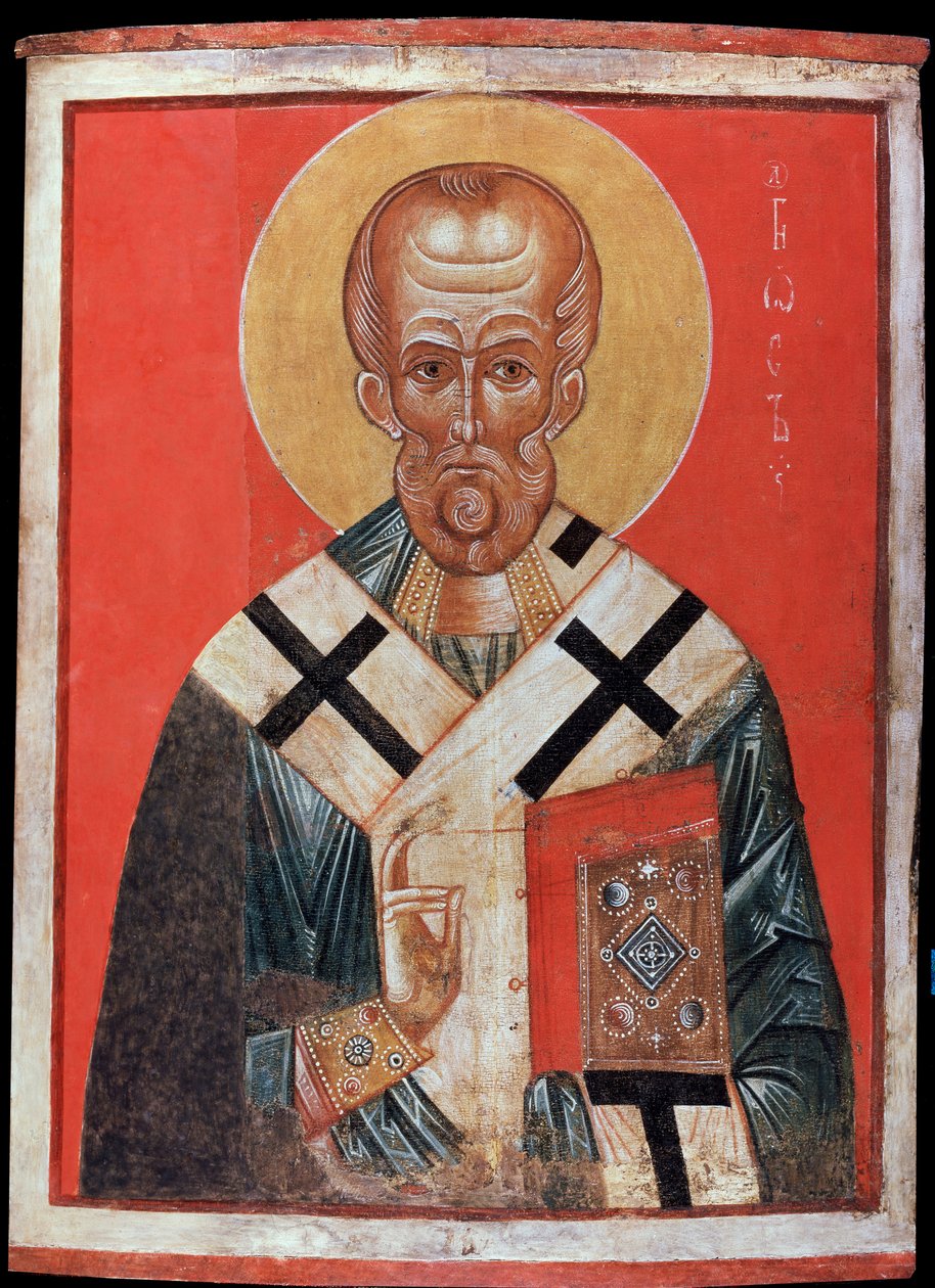 Saint Nicolas (tai Saint Nicolas de Myre tai Saint Nicolas de Bari, 270-345) (Saint Nicholas). Venäläinen ikoni, tempera puulla, 1200-luvun loppu, 1300-luvun alku, taidetta Novgorodista (Venäjä). Valtion Eremitaaši, Pietari. tekijältä School Russian