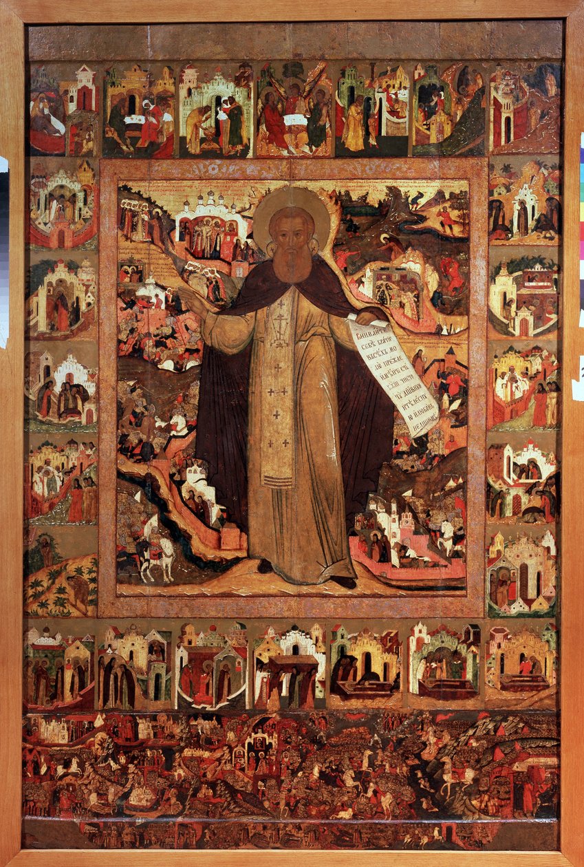 Pyhä Sergius Radonegelainen (1313-1392) kohtauksineen hänen elämästään (Pyhä Sergius Radonezhista elämänsä kohtauksilla). Venäläinen ikoni, tempera puussa, n. 1640. Muinaista taidetta Jaroslavlista (Venäjä). Valtion taidemuseo, Jaroslavl (Venäjä). tekijältä School Russian