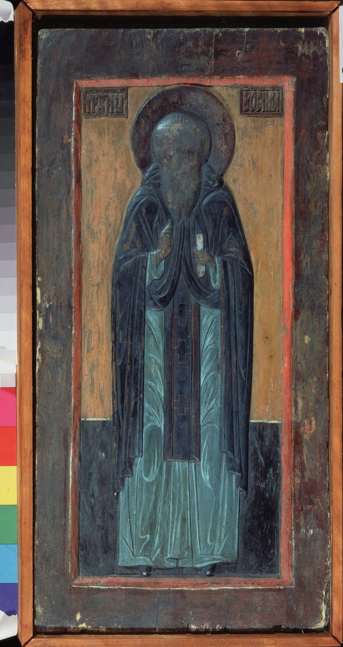 Pyhä Zosimus Solovkilainen (kuoli 1478). Venäläinen ikoni, monivärinen veistetty puu, 1500-luvun puoliväli. Vanha perinteinen venäläinen taide pohjoisesta. Alueellinen taide- ja taidemuseo, Smolensk (Venäjä). tekijältä School Russian