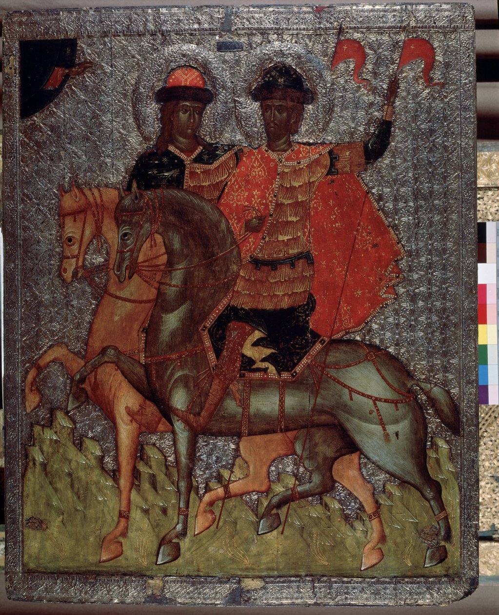 Pyhät Boris (tai Roman) ja Gleb (tai Daavid) hevosen selässä (marttyyrit vuonna 1015) (Pyhät Boris ja Gleb hevosen selässä). Kiovan suurprinssin Pyhän Vladimirin nuoremmat pojat erottuivat aina hurskaudestaan, mutta isänsä, vanhimman Svian kuoltua tekijältä School Russian