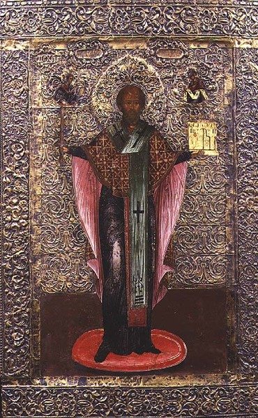 Pyhä Nikolaus Mozhaiskista, ikoni, n. 1700 (tempera paneelissa messinkiokladilla) tekijältä School Russian