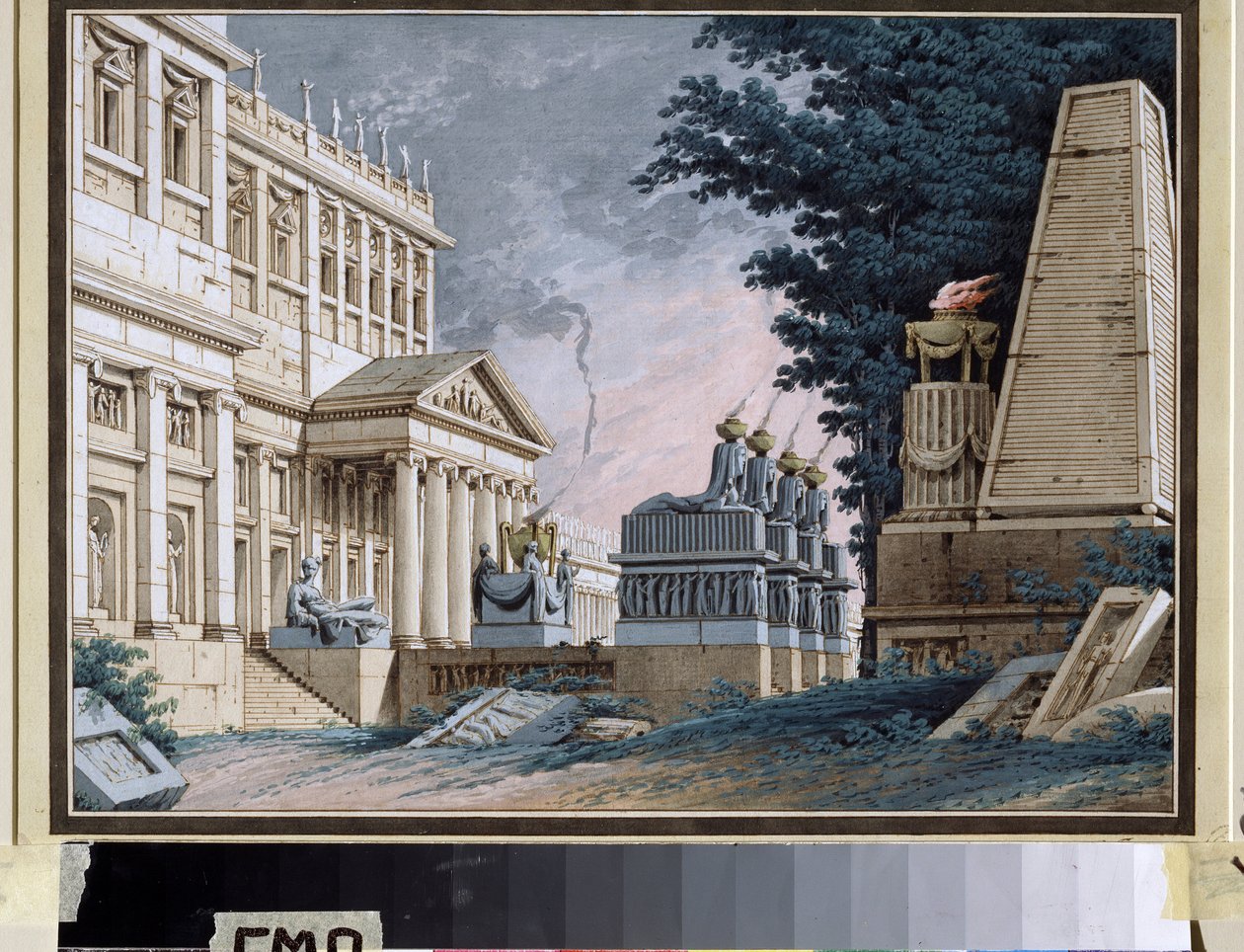 Temppeli, teatteriesityksen lavastus. Anonyymi maalaus. Akvarelli ja guassi paperille, n. 1800. Venäläinen teatterisisustus. Museum Palace Theatre Ostankino, Moskova. tekijältä School Russian