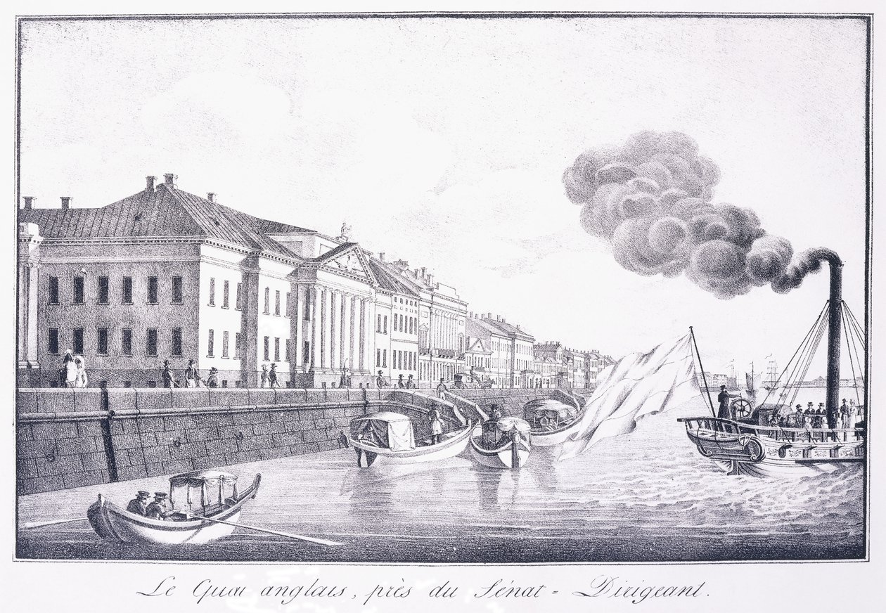 Englantilainen laituri, lähellä Senat-Dirigeantia; Quai Anglais, lähellä Senat-Dirigeantia, 1800-luvun alku (litografia) tekijältä School Russian