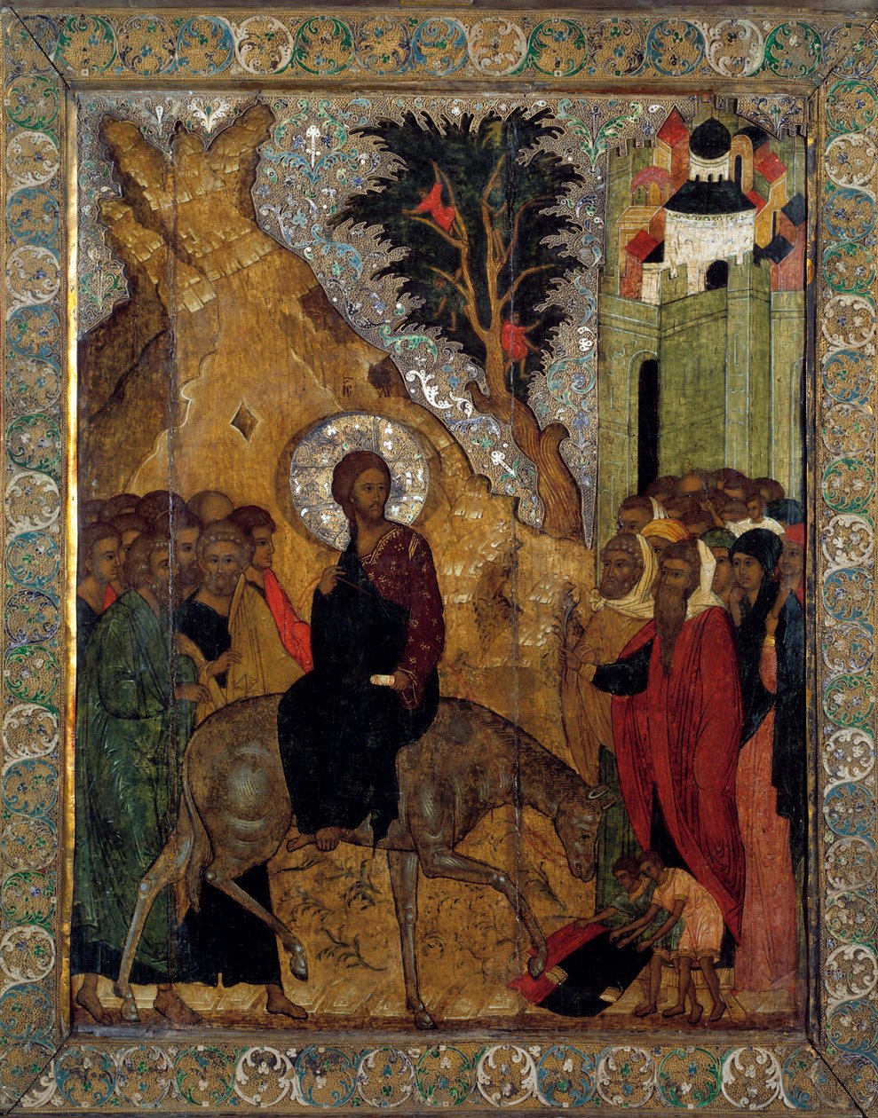 Kristuksen kirjautuminen Jerusalemiin Venäjän ikoni 1560. Moskova, Kremlin museot. tekijältä School Russian