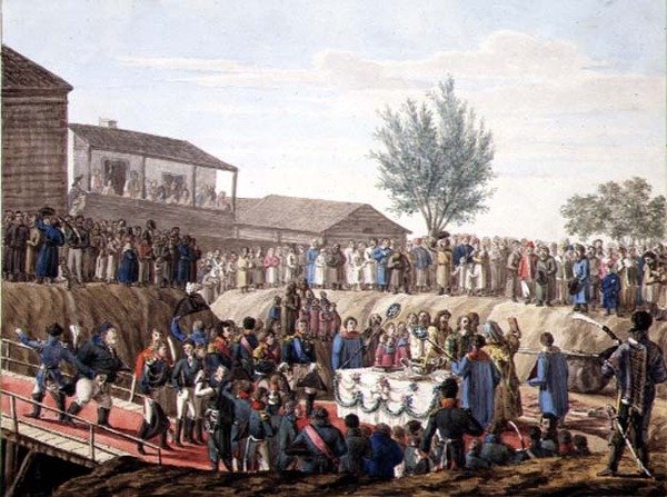 Mohiloffin tullitalon ensimmäisen kiven laskeminen 1820 (akvarelli paperille) tekijältä School Russian