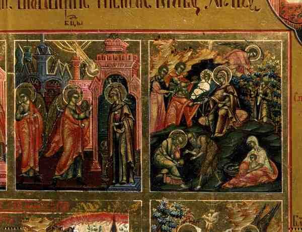 Ylösnousemus ja laskeutuminen helvettiin, yksityiskohta The Margin of the Feasts -juhlasta, joka kuvaa Marian ilmestystä ja syntymää (tempera paneelissa) tekijältä School Russian