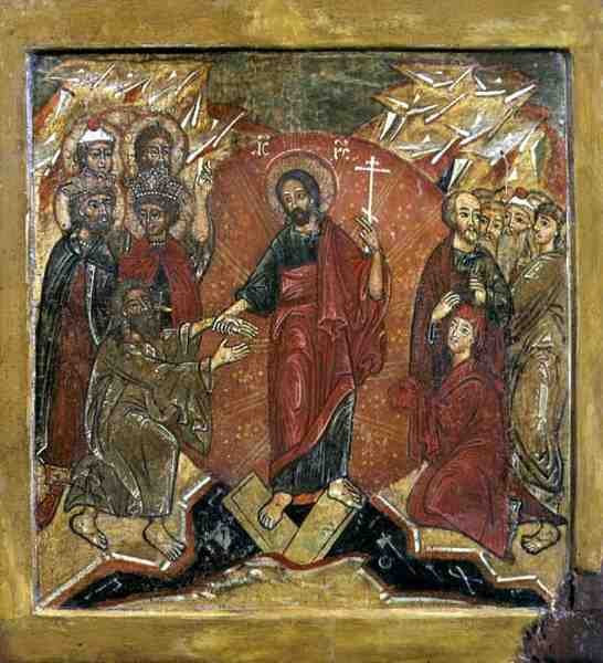 Ylösnousemus ja laskeutuminen helvettiin (Anastasis) (tempera paneelille) tekijältä School Russian