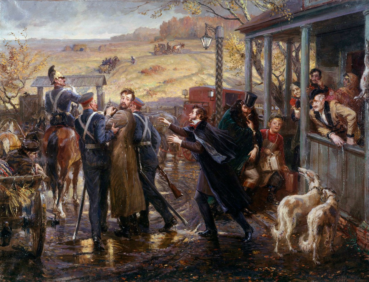 Venäläinen runoilija Aleksanteri Puškin (Pushkin) (1799-1837) tapaa dekabristiystävänsä Kukhelbackerin, joka lähtee Zabazen rautatieasemalle vuonna 1827 Venäläisen koulun maalaus. 1800-luvun Pietari, Eremitaaši tekijältä School Russian