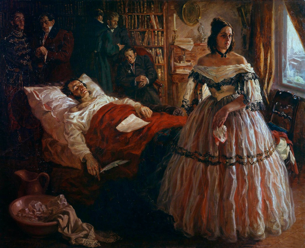 Venäläinen runoilija Aleksanteri Puškin (Pushkin) (1799-1837) kuolinvuoteellaan vaimonsa Natalia Gontcharova (Goncharova) ja ystäviensä ympäröimänä Anonyymi maalaus venäläisestä koulusta. 1837 Eremitaaši-museo Pietari tekijältä School Russian