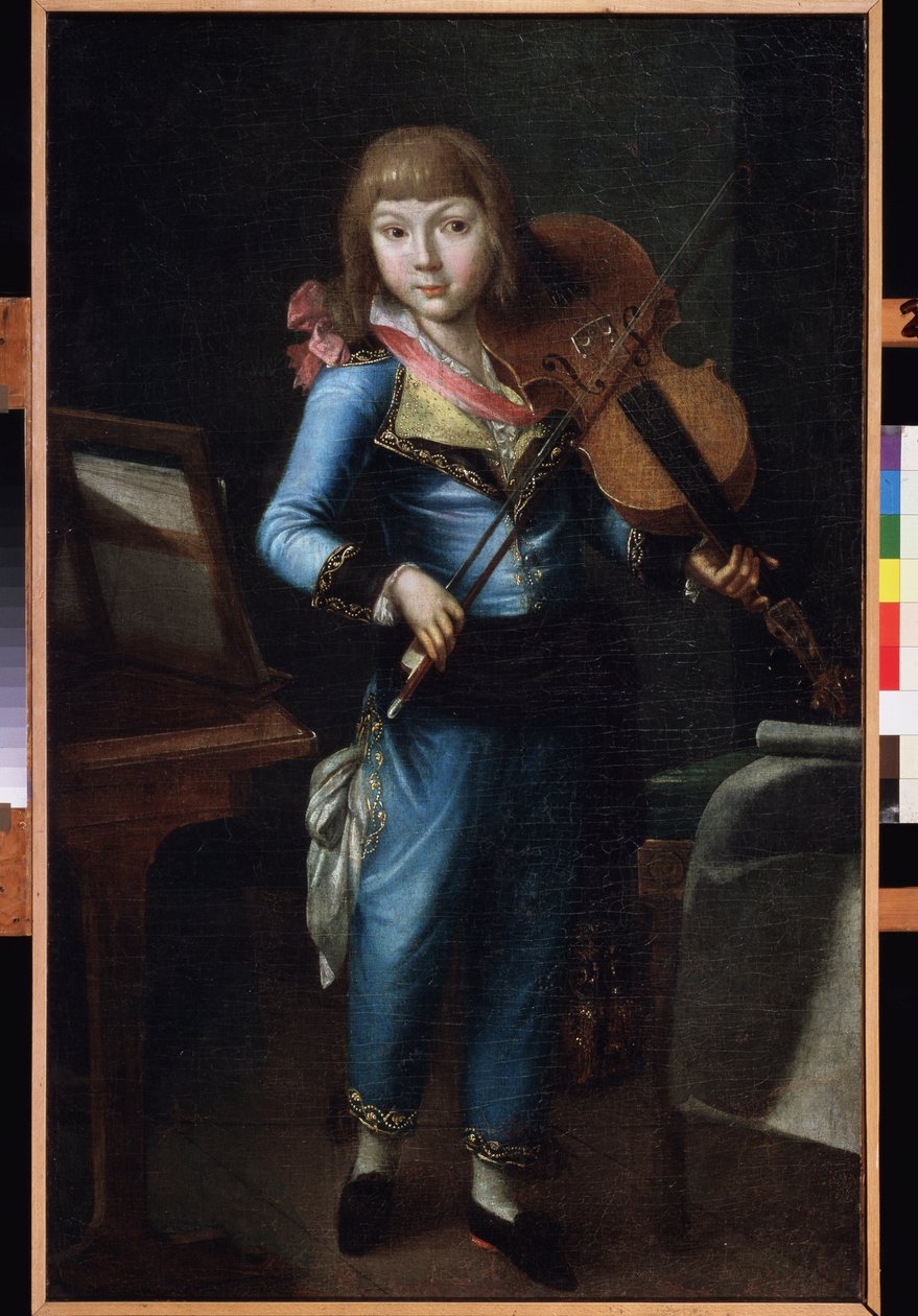 Nuori viulisti sinisessä puvussa. Venäläisen mestarin maalaus, öljy kankaalle, noin 1790. 1700-luvun venäläistä taidetta. Museum Palace Theatre Ostankino, Moskova. tekijältä School Russian