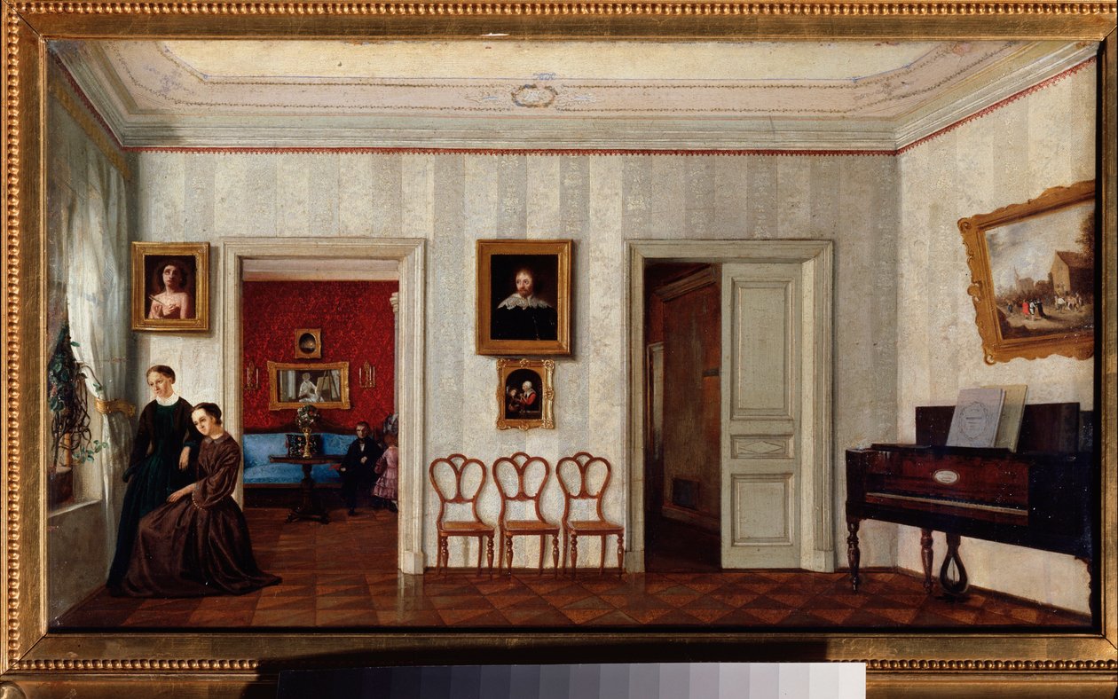 Pieni huone, jossa on piano. (Ja kaksi naista katsomassa ulos ikkunasta). Venäläisen mestarin maalaus, öljy kankaalle, 1800-luvun puoliväli. Valtion Tretjakovin galleria, Moskova. tekijältä School Russian