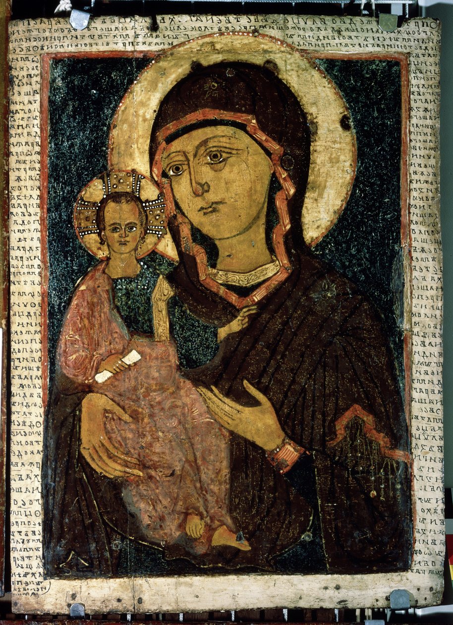 ""Neitsyt Hodegetria (Hodigitria)"" Neitsyt Maria ja Jeesus-lapsi, jonka haloon on merkitty risti. Venäjän ikoni. Maalausta puulle 1200-luvun lopulta. Valtion Tretjakovin galleria, Moskova tekijältä School Russian
