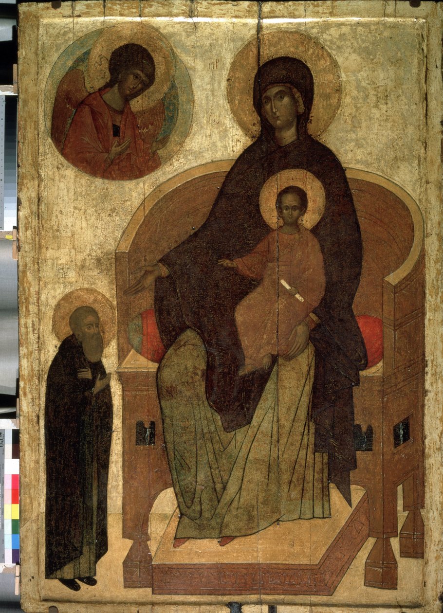 "Madonna lapsen ja pyhän Sergiuksen kanssa"" venäläinen ikoni. Maalaus puulle 1400-luvun Valtion historiallisesta museosta, Moskovasta tekijältä School Russian