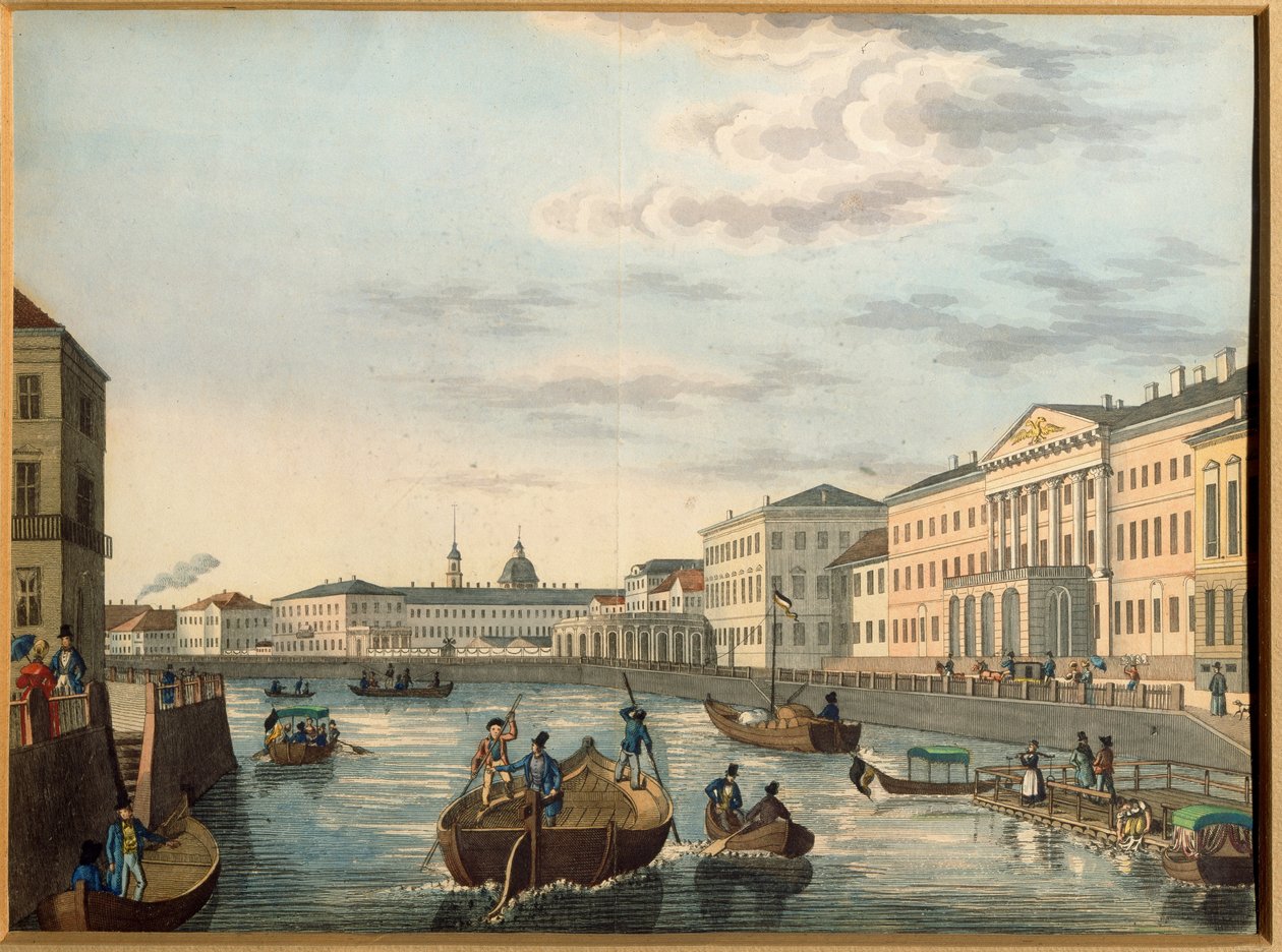 Näkymä Fontanka-joelle Pietarissa. Nimetön teos, litografia, vesiväritetty, n. 1820. Venäläistä taidetta tekijältä School Russian