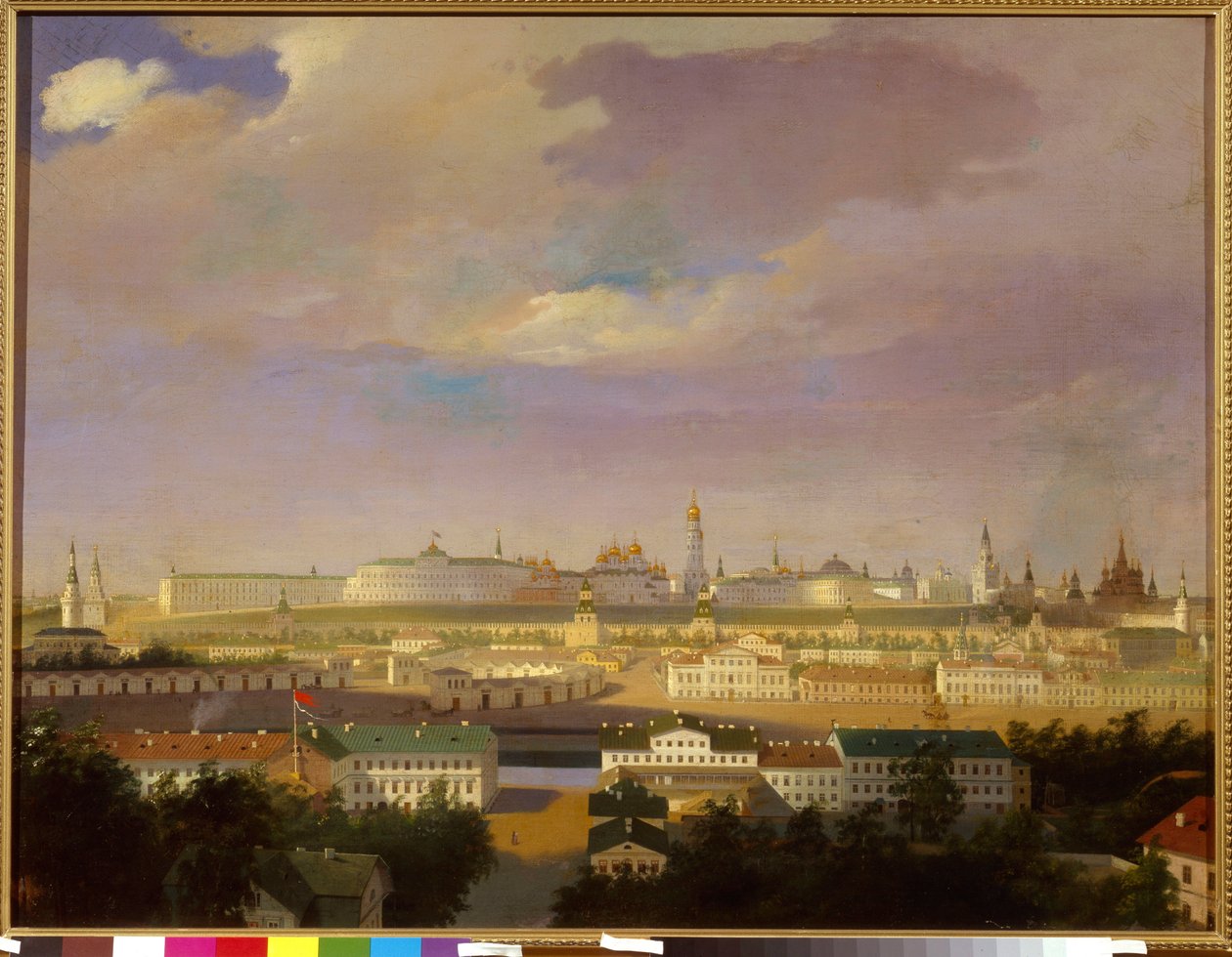Näkymä Moskovan Kremliin Mars-aukiolta (Bolotnaja). Nimetön maalaus, öljy kankaalle, 1800-luvun puoliväli. Venäläinen taide, uusklassismi. Valtion historiallinen museo, Moskova. tekijältä School Russian