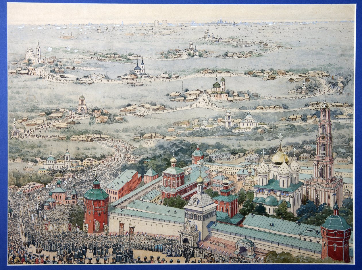 Näkymä Pyhän Sergiuksen (Trinite-Saint-Serge) kolminaisuuslavran luostarista Sergiev Posadissa pääsiäiskulkueessa Moskovasta. (Näkymä Sergiuksen kolminaisuuslavrasta Sergiyev Posadissa pääsiäiskulkueen kanssa Moskovasta). Mestarin työ r tekijältä School Russian