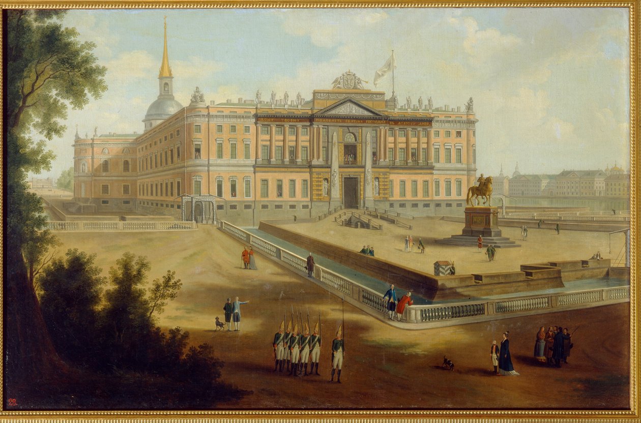 Vue du palais Michel a Saint Petersburg (näkymä Mikaelin palatsille Pietarissa). Anonyymi maalaus, öljy kankaalle, noin 1800. Venäläistä taidetta tekijältä School Russian