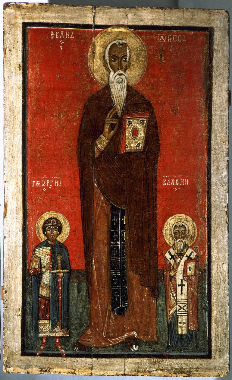 Pyhä Johannes Climacus Pyhän Yrjön ja Pyhän Blaisen kanssa Venäjän ikoni 1200-luvun venäläinen valtionmuseo Pietari tekijältä School Russian
