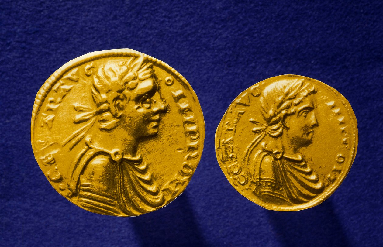 Saksan keisarin Hohenstaufenin (1194-1250) Sisilian kultakolikot Frederic II:n kuvalla. 1231 Yksityinen kokoelma tekijältä School Sicilian