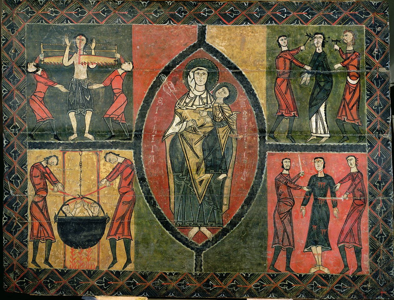 Pyhää Quirzeä ja pyhää Julitaa esittävä alttari ja neljä pyhimysten marttyyriuskoa kuvaavaa kohtausta, Sant Quirze i Santa Julitan kirkko, Durro (tempera paneelilla). tekijältä School Spanish