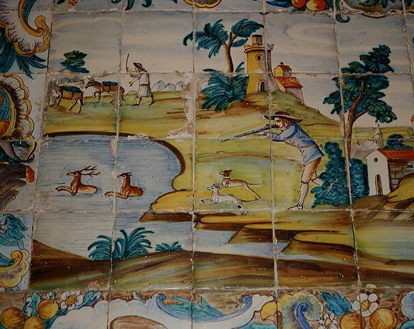 Azulejos-laatat, jotka kuvaavat metsästäjää ampumassa peuroja (keraamiset) tekijältä School Spanish