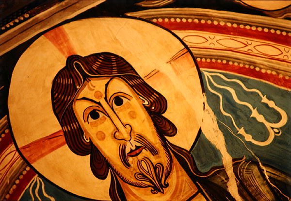 Kristus Majesteetissa serafien ja evankelistien symbolien rinnalla, kopio 1100-luvun alkuperäisestä (fresko) (yksityiskohta) tekijältä School Spanish