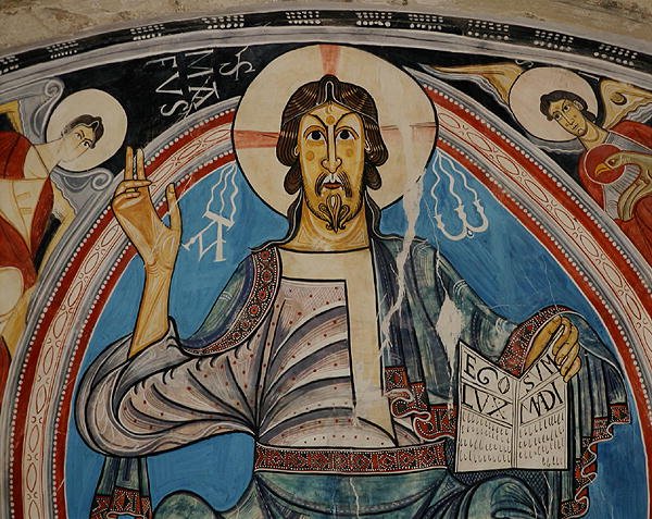 Kristus Majesteetissa serafien ja evankelistien symbolien rinnalla, kopio 1100-luvun alkuperäisestä (fresko) tekijältä School Spanish
