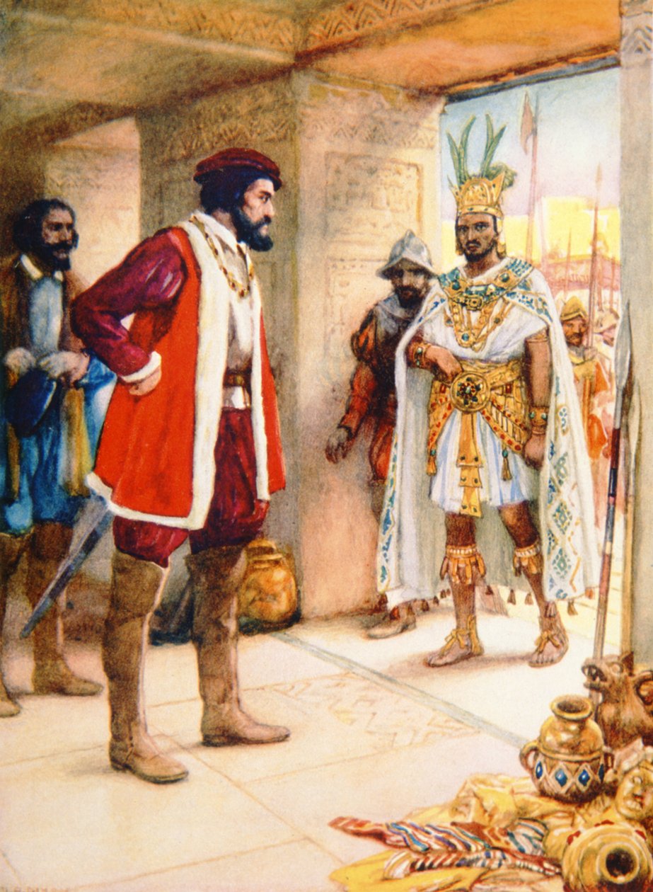 Hernan Cortes tekee Montezumasta panttivangiksi vuonna 1519 (väri litho) tekijältä School Spanish