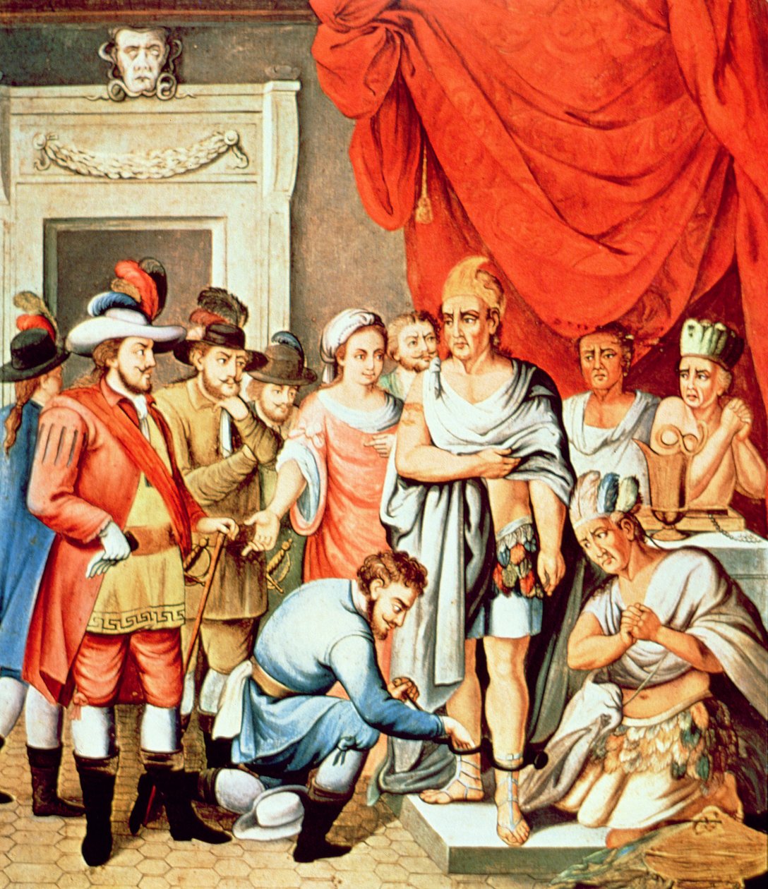 Hernan Cortes käskee laittaa kahleet Montezuman nilkoihin (väri litho) tekijältä School Spanish