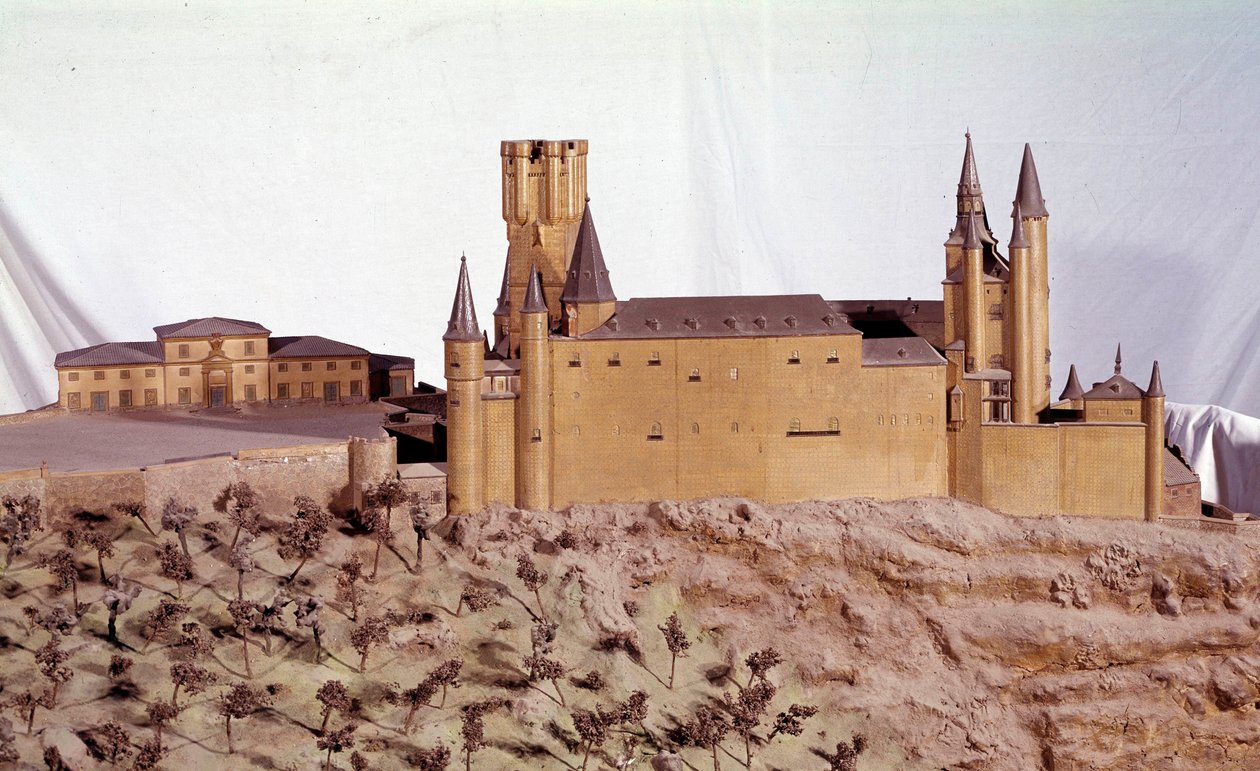 Sotilaallinen arkkitehtuuri: Kastilian kuninkaan Alfonso VI:n rakentama Segovian kuninkaallisen Alcazarin pienoismalli. Madridin Armee-museo. tekijältä School Spanish