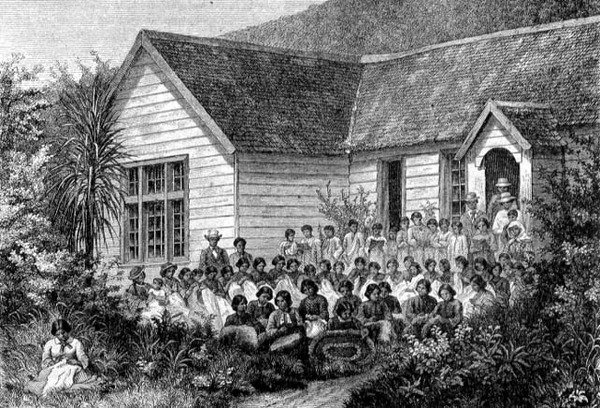 Mission School for Maori, kuvitus teoksesta "Paluu maailmaan" (kaiverrus) tekijältä School Spanish