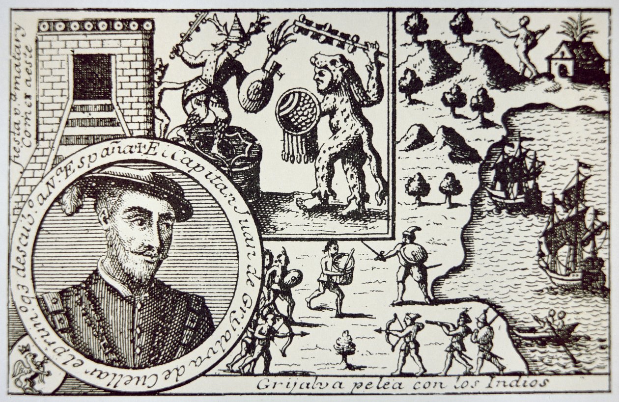 Juan de Grijalvan johtamat espanjalaiset laskeutuvat Yucatanille ja taistelevat Maya-sotureiden kanssa Champotonin taistelussa toukokuussa 1518 (litho) tekijältä School Spanish