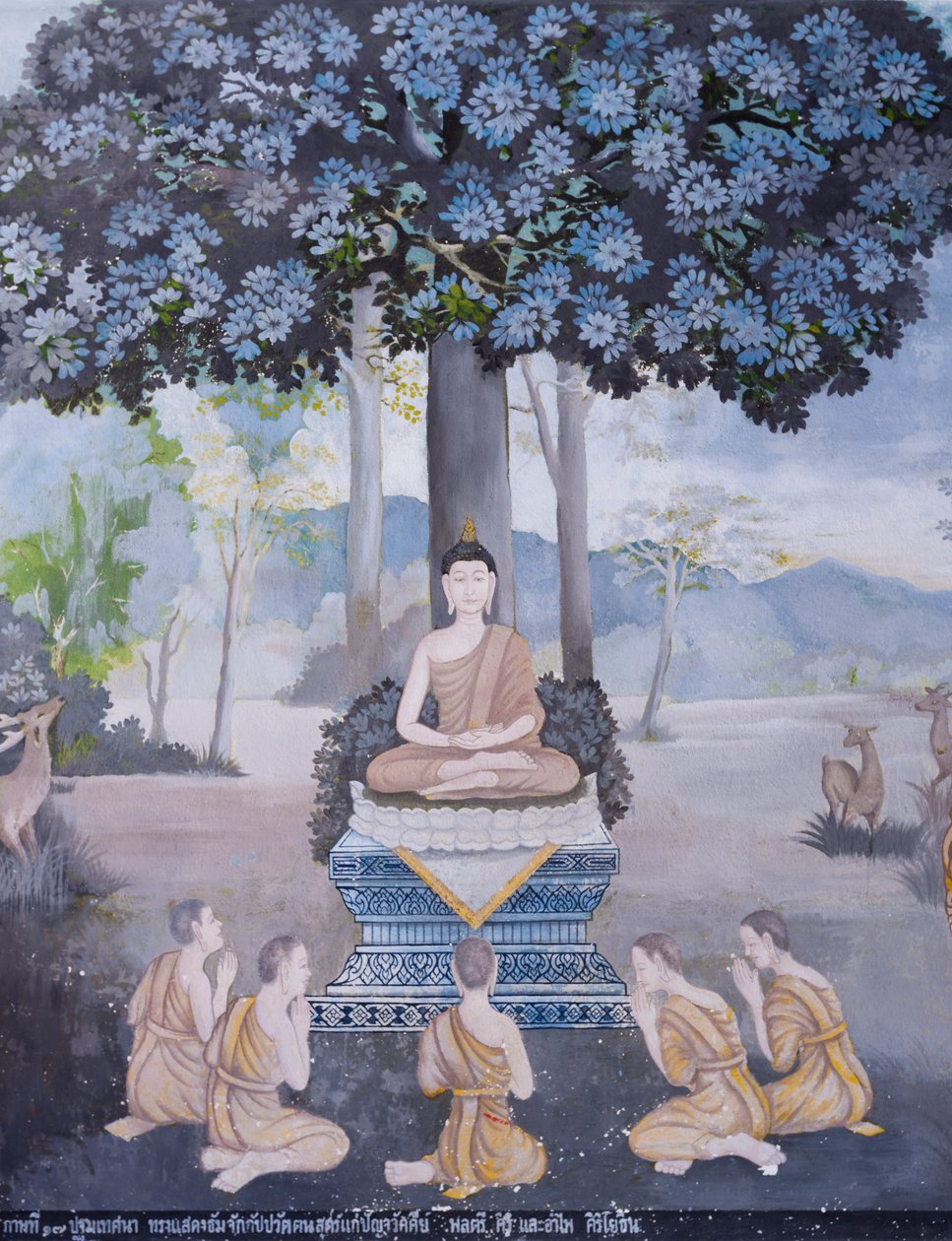 Fresko, joka kuvaa kohtausta Buddhan elämästä, Wat Phra That Doi Suthep -temppeli (fresko). tekijältä School Thai