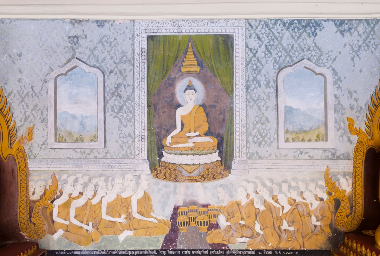 Fresko, joka kuvaa kohtausta Buddhan elämästä, Wat Phra That Doi Suthep -temppeli (fresko). tekijältä School Thai
