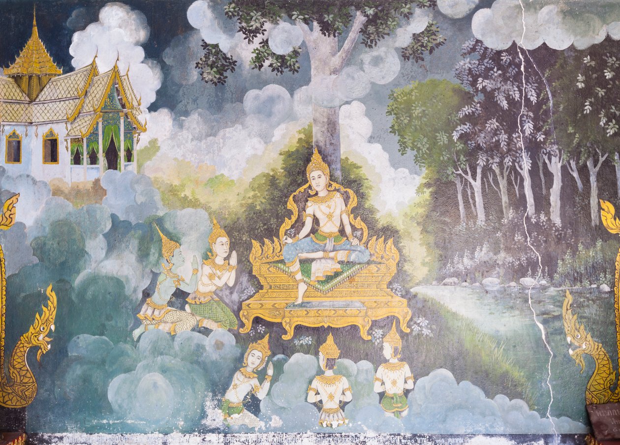 Fresko, joka kuvaa kohtausta Buddhan elämästä, Wat Phra That Doi Suthep -temppeli. tekijältä School Thai