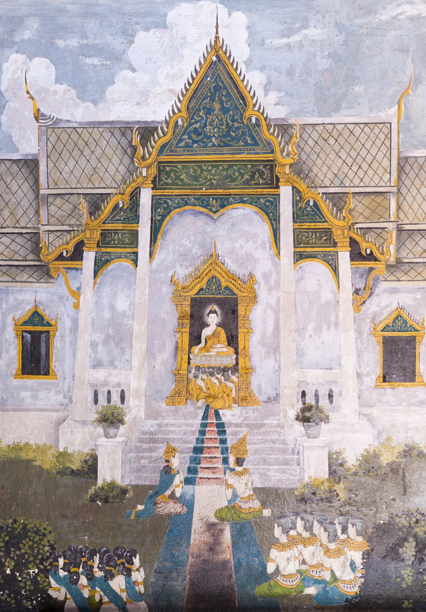 Fresko, joka kuvaa kohtausta Buddhan elämästä, Wat Phra That Doi Suthep -temppeli. tekijältä School Thai